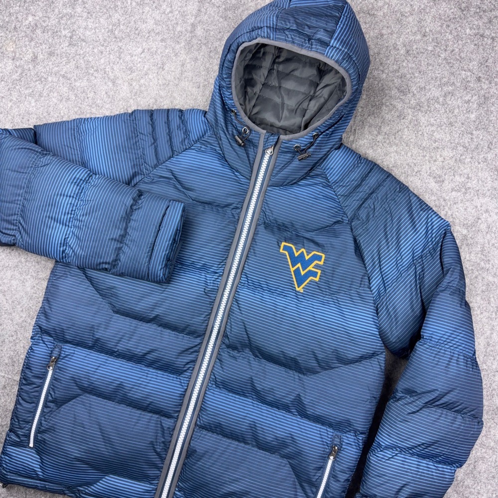 West Virginia Mountaineers Jacket Mens Large Blue WVU Puffer Hooded Coat NCAA